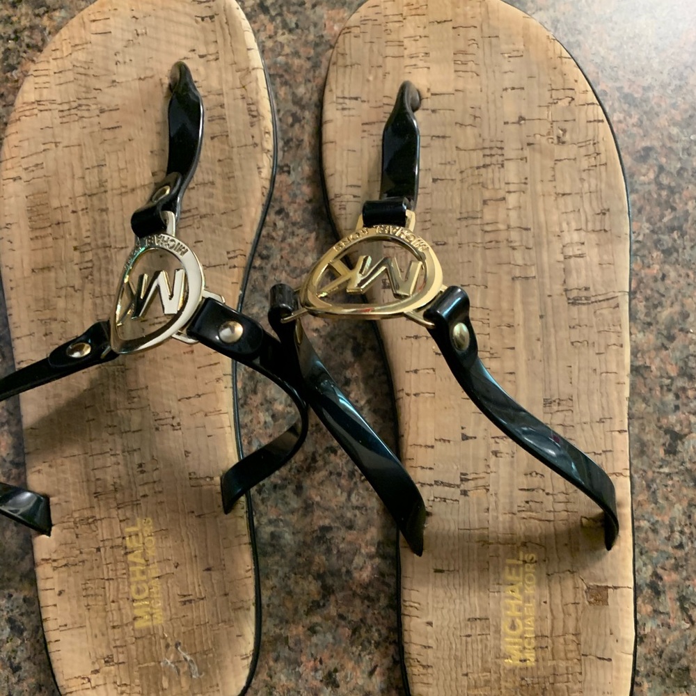 Michael Kors Black MK Gold Logo Jelly Thong Sandal